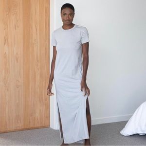 NEW Lunya Restore Long Maxi Dress In Ambient Gray Open Back Side Slit